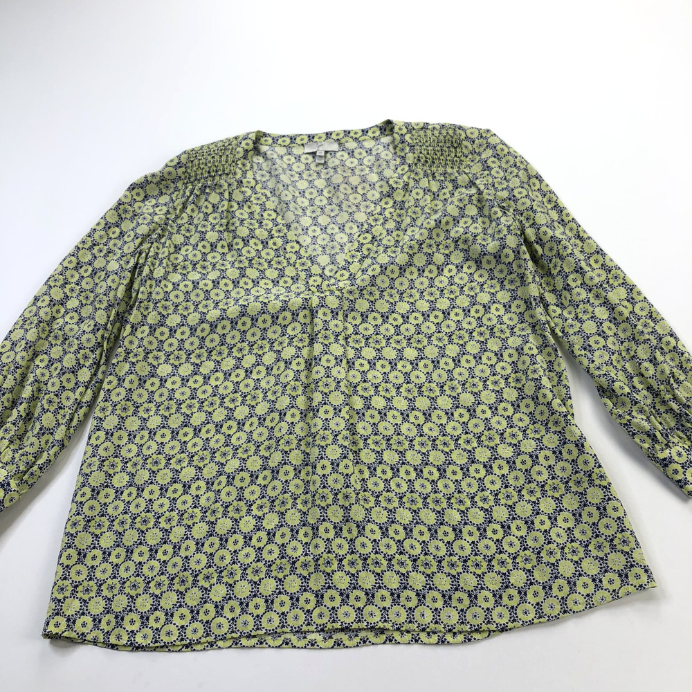 Joie 100% Silk XS Scrunch Medallion Pullover Button Top Blouse Yellow Blue MINT